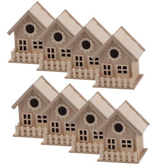 8 Pack: 7&#x22; Wood Birdhouse with Fence by Make Market&#xAE;